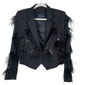 NWT Magaschoni Collection Cropped Feathered Blazer Black Sequins Women's Size 4